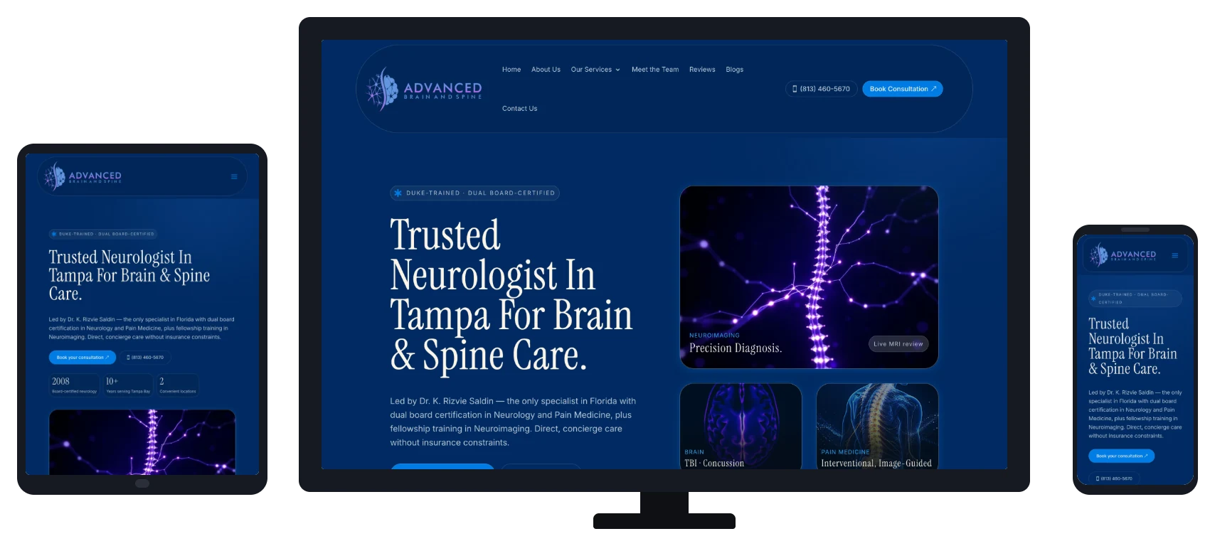 Advanced Brain & Spine website shown on desktop, tablet and mobile