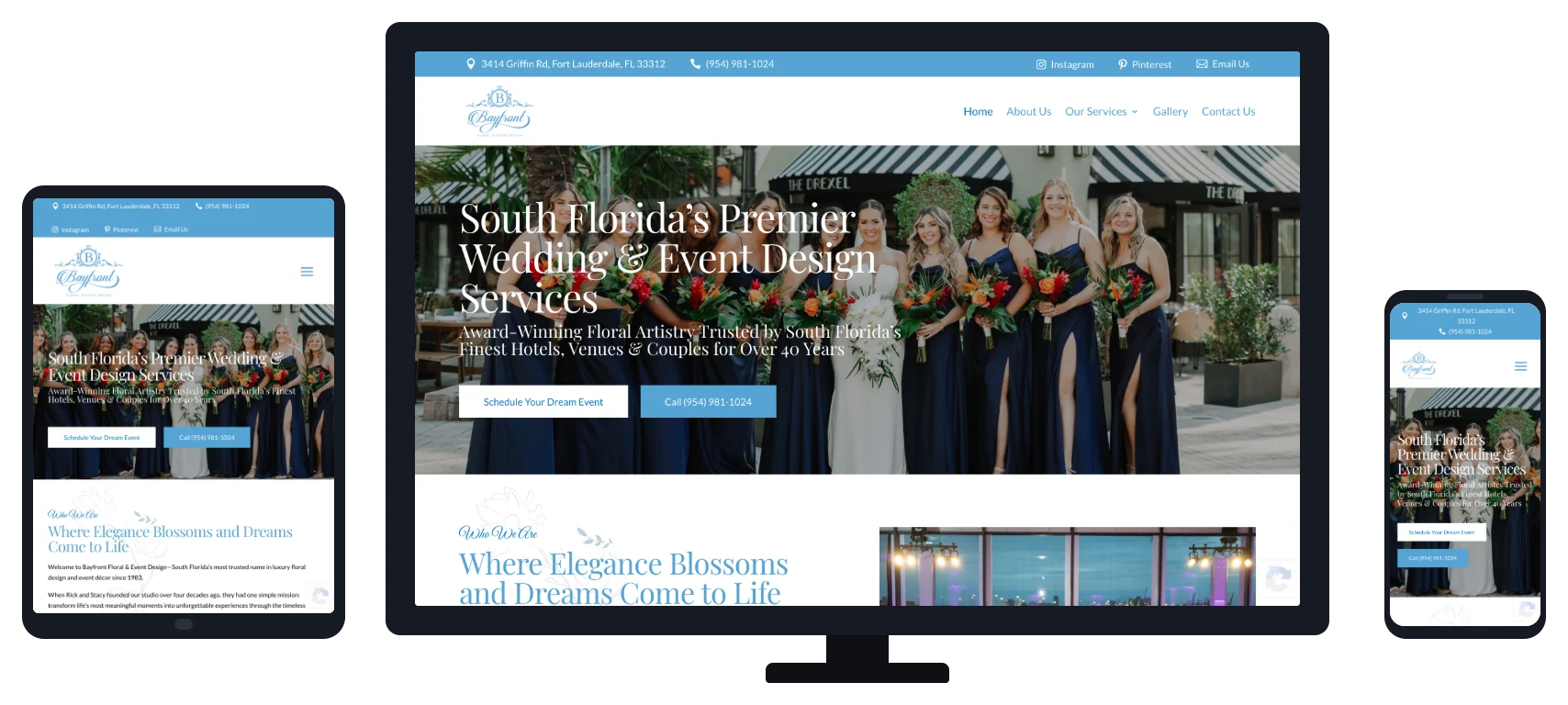 Bayfront Floral & Event Design website shown on desktop, tablet and mobile