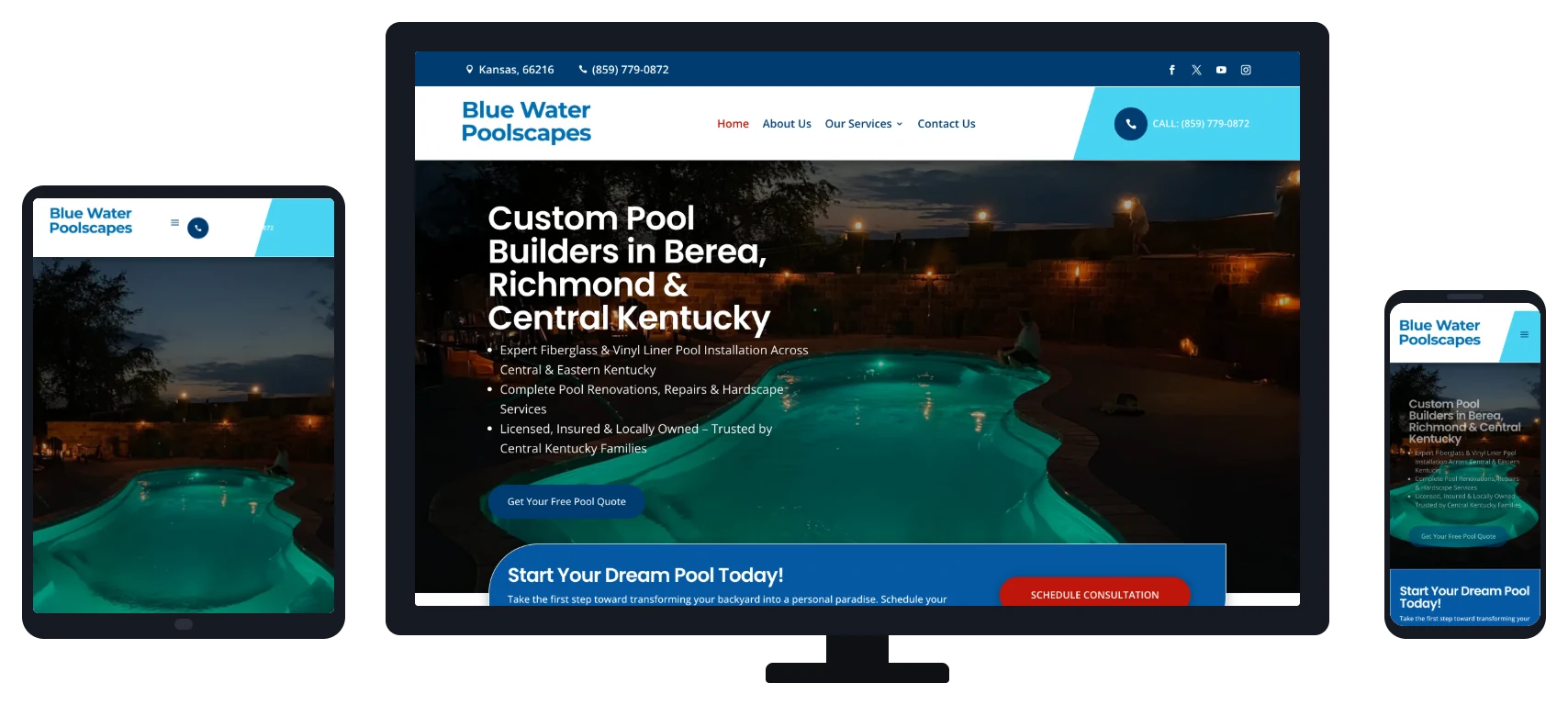 Blue Water Poolscapes website shown on desktop, tablet and mobile