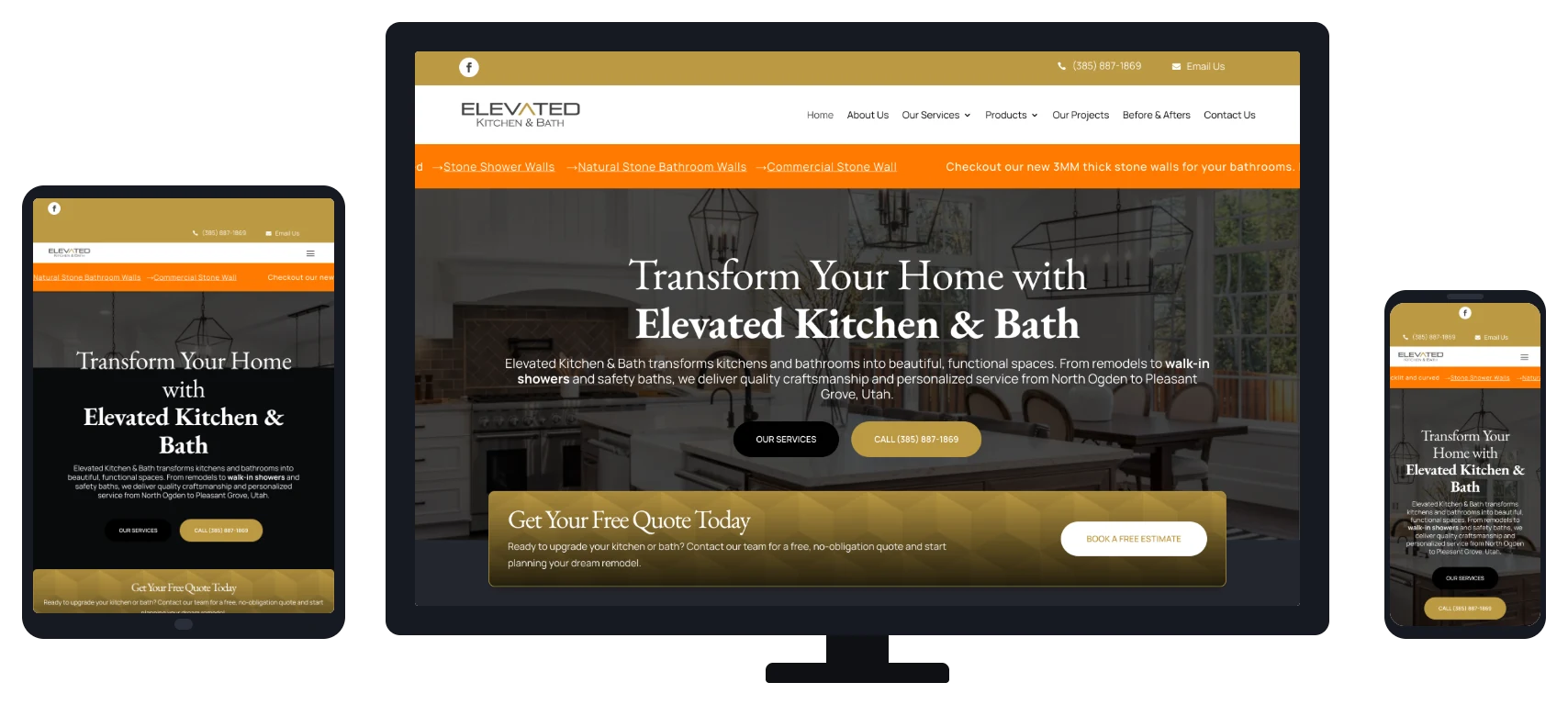 Elevated Kitchen & Bath website shown on desktop, tablet and mobile