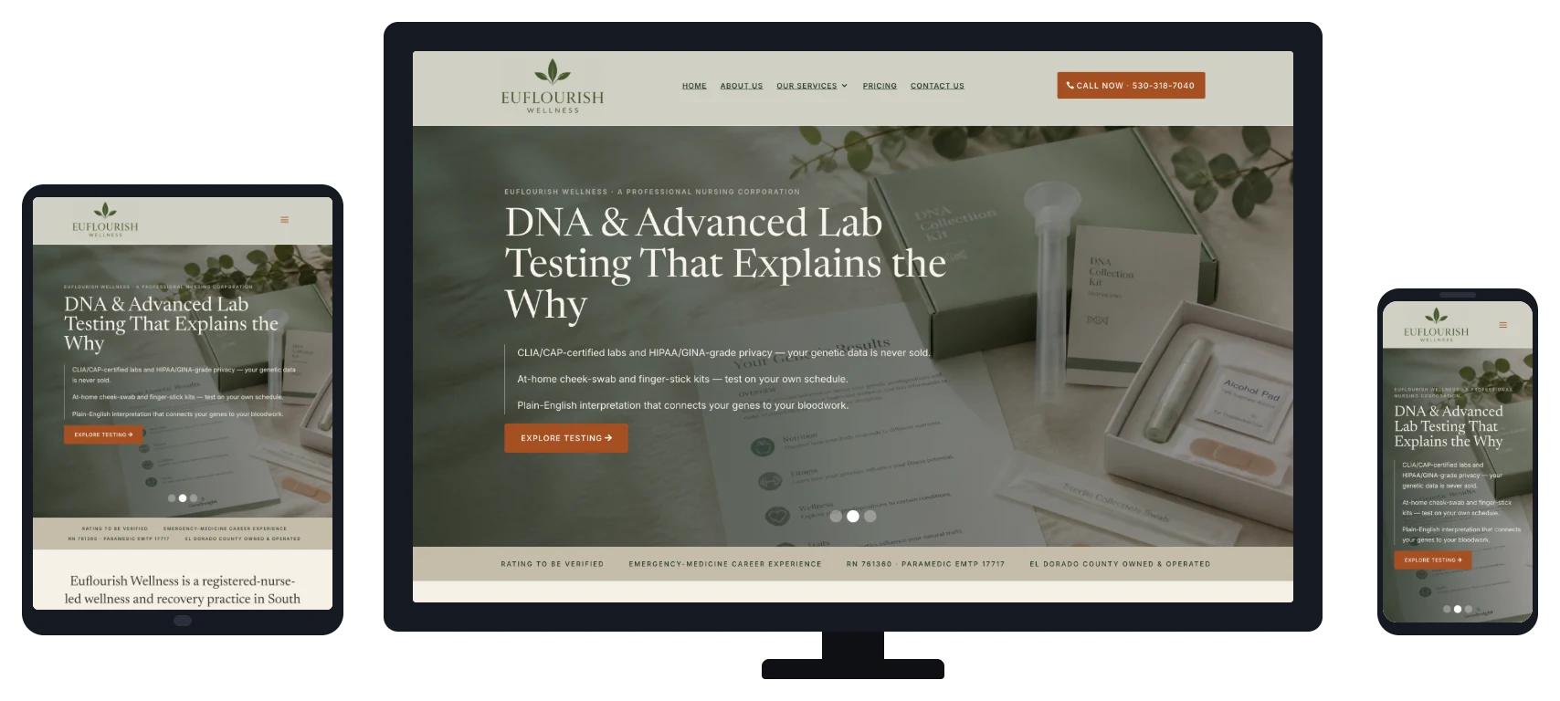 EUFlourish Wellness website shown on desktop, tablet and mobile