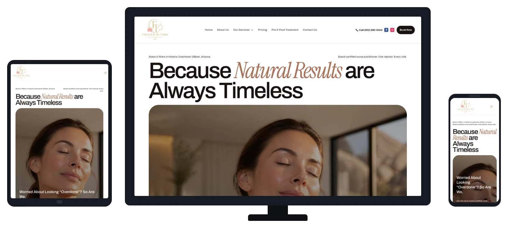 Frozen in Time Aesthetics website shown on desktop, tablet and mobile