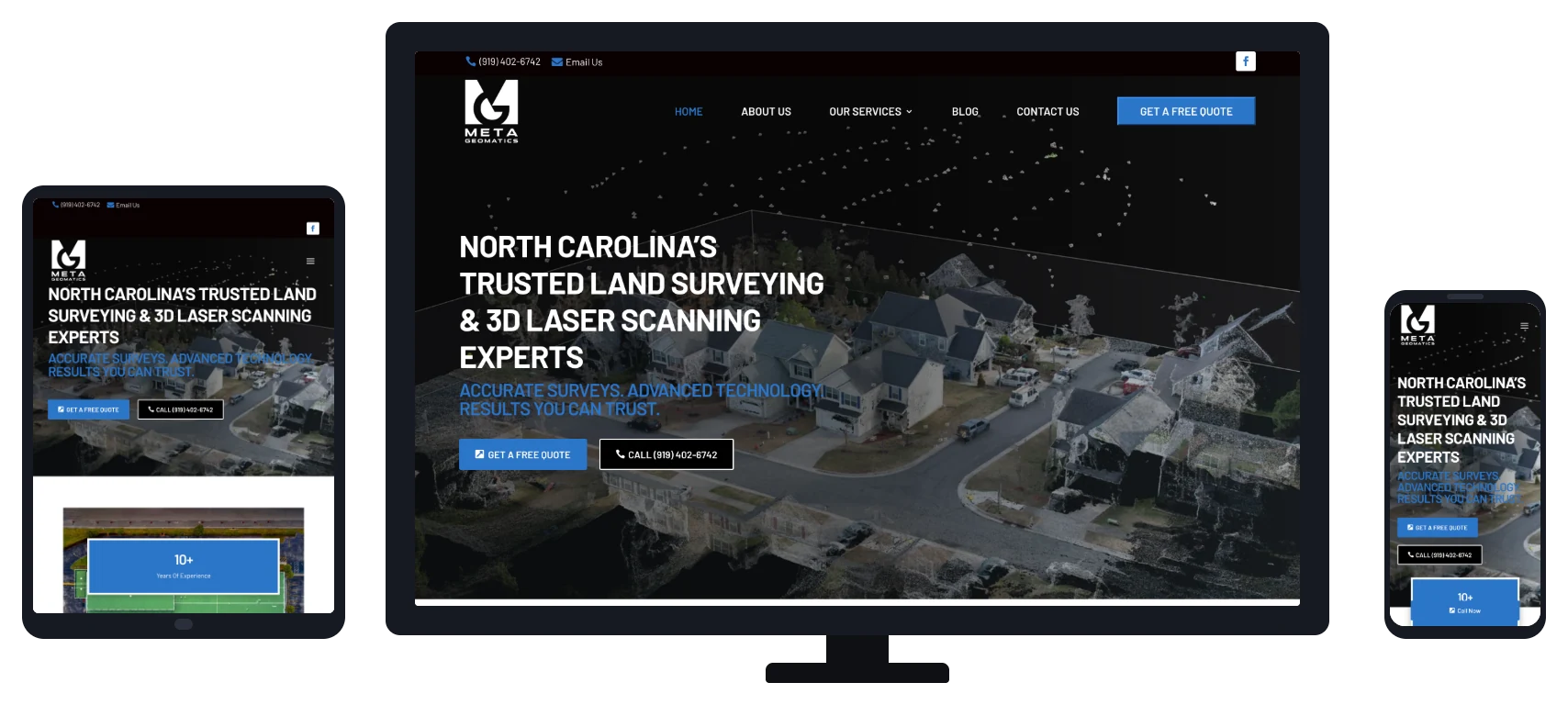 Meta Geomatics website shown on desktop, tablet and mobile