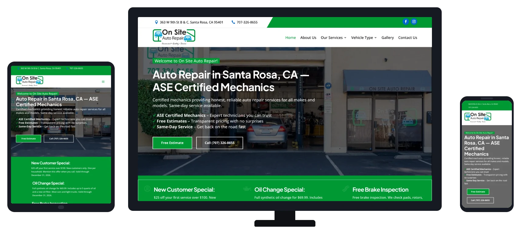 On Site Auto Repair website shown on desktop, tablet and mobile