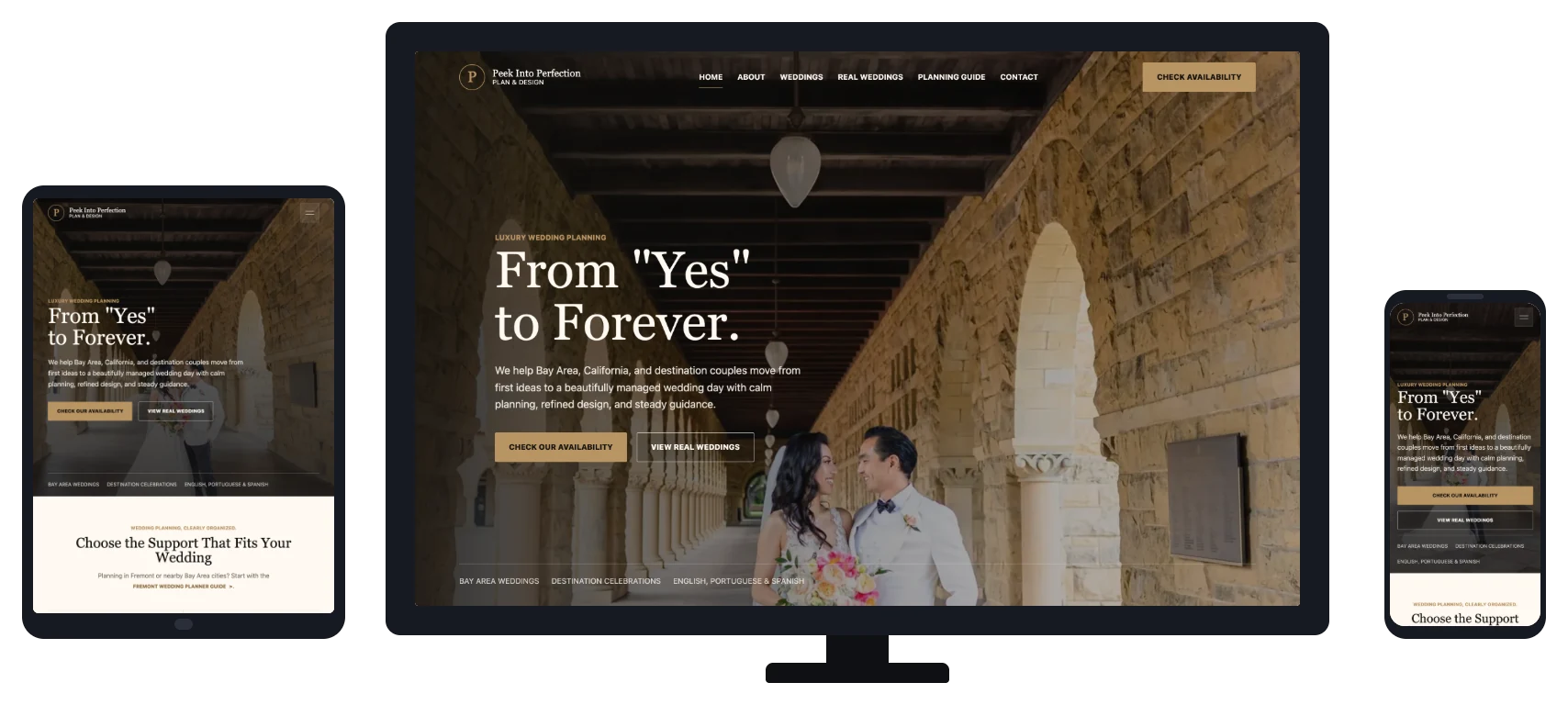 Peek Into Perfection website shown on desktop, tablet and mobile