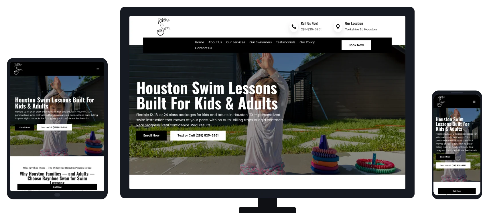 Raynboe Swan Swim School website shown on desktop, tablet and mobile