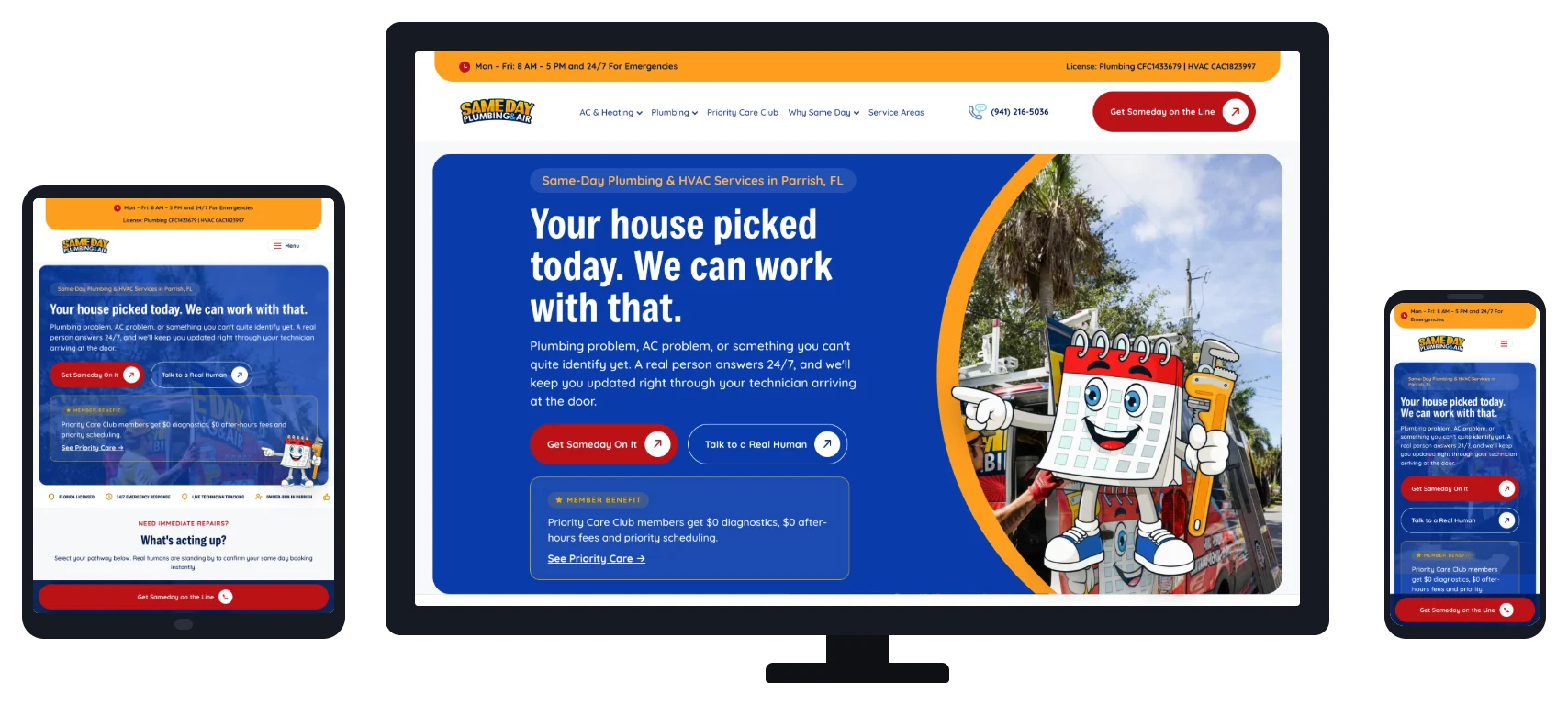 Same-Day Plumbing & Air website shown on desktop, tablet and mobile