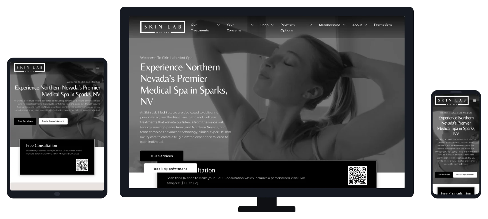 Skin Lab Med Spa website shown on desktop, tablet and mobile