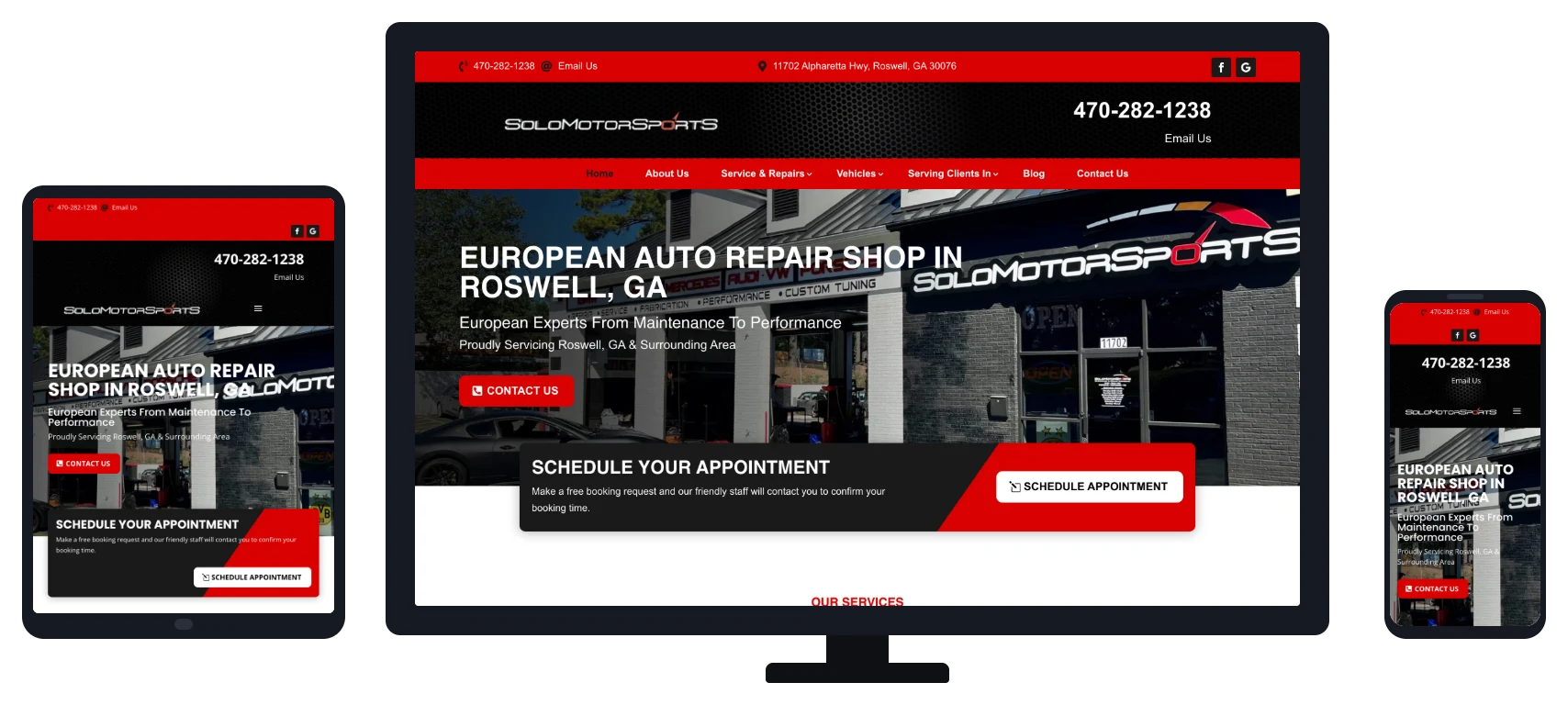 Solo Motorsports Roswell website shown on desktop, tablet and mobile