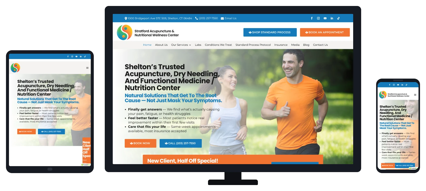 Stratford Acupuncture website shown on desktop, tablet and mobile