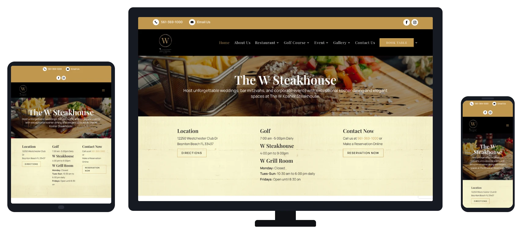 The W Kosher Steakhouse website shown on desktop, tablet and mobile