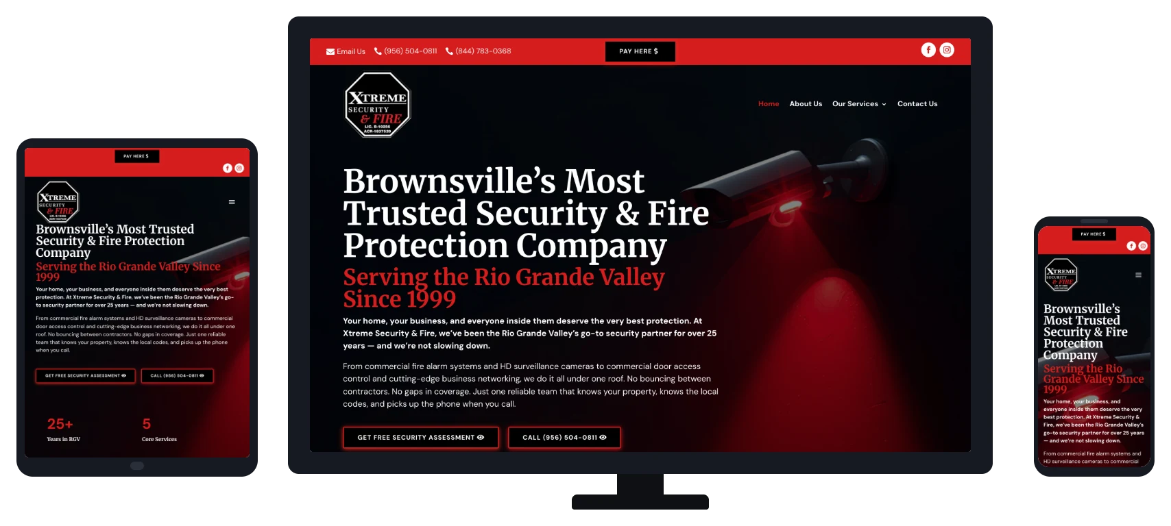 Xtreme Security & Fire website shown on desktop, tablet and mobile